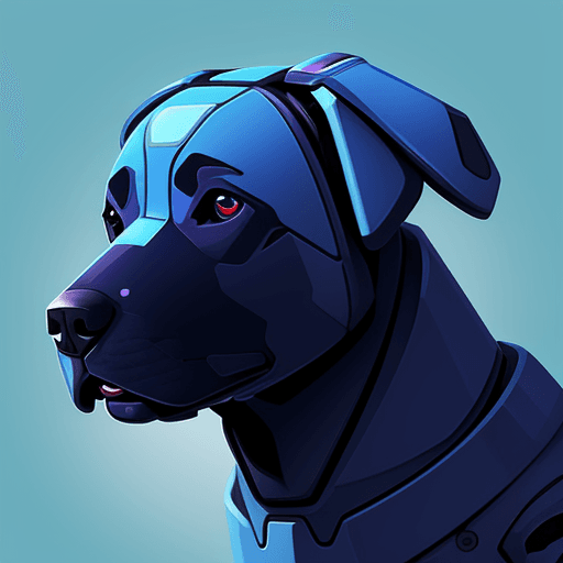 AI generated: A stylized robo-themed illustration of a Labrador dog head, seen directly from the front, in a blue ...