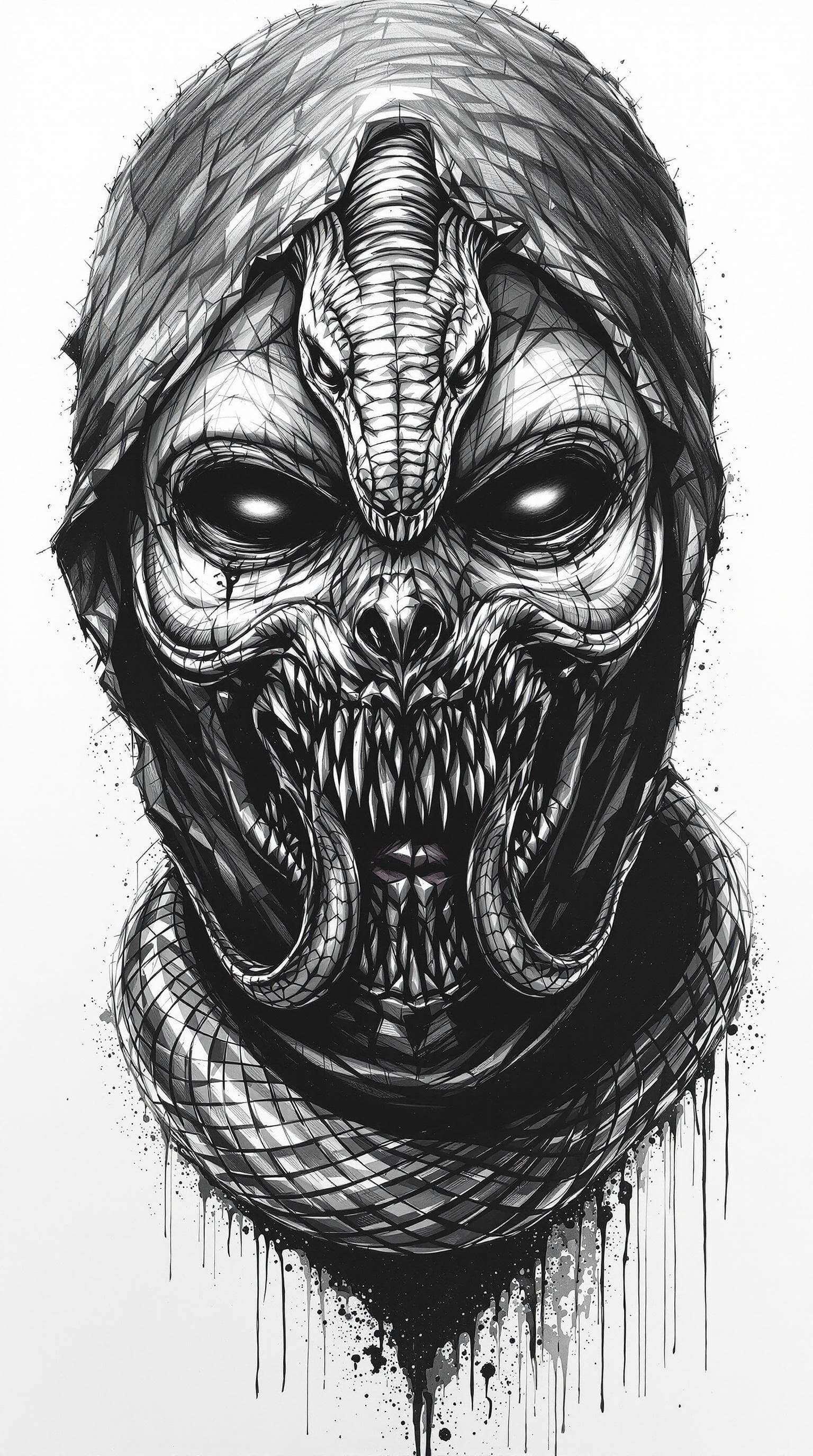 AI generated: A snake covered in a mask, explicit, dark style, black and white pencil drawings,