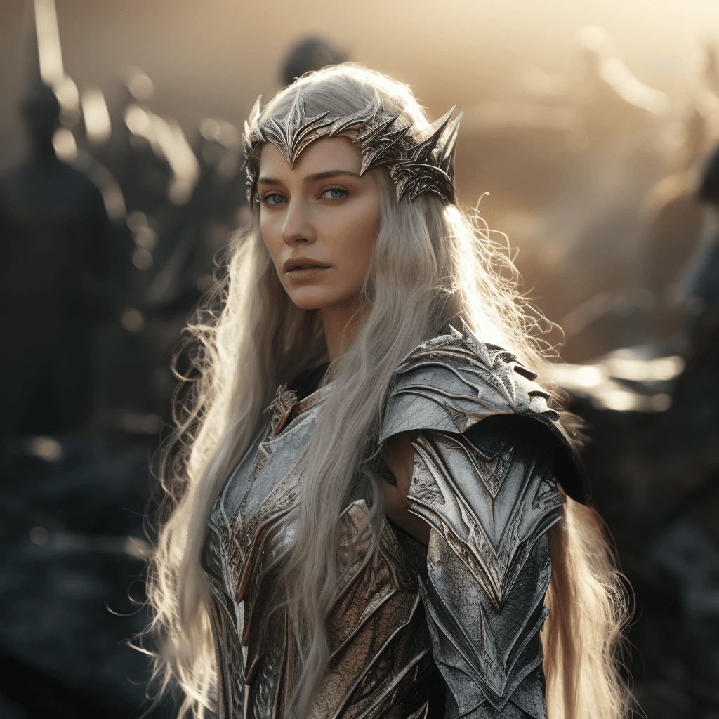 AI generated: elf on a battle post as Galadriel, The Lord of the Rings: Rings of Power, armor, staring directly in...