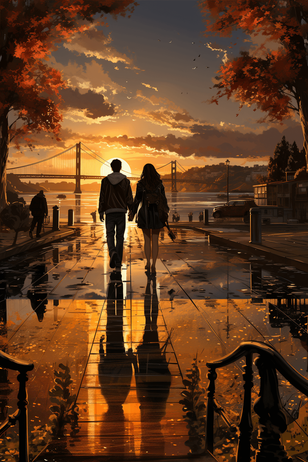AI generated: ((masterpiece)), (best quality), (detailed), modern bridge, sunrise, couple kissing, peaceful ambian...