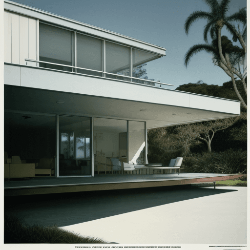 AI generated: Hyper realistic eye level exterior photo of a mid century modern style house overlooking the ocean, ...