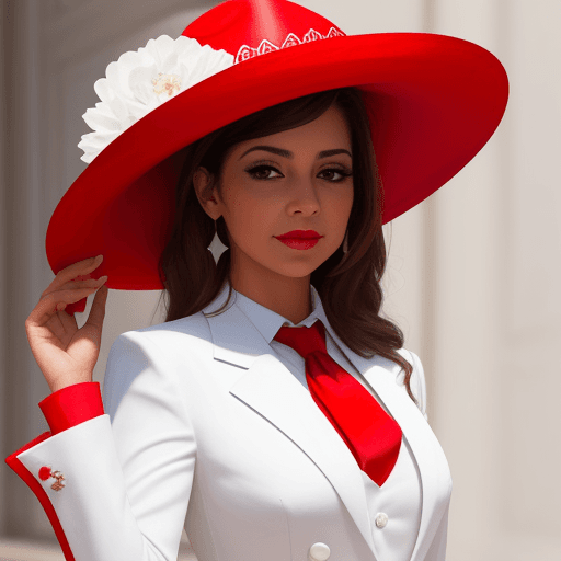 AI generated: chica linda luciendo un traje sastre blanco con un sombrero bordado de una flor roja 