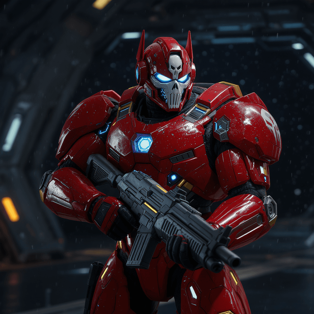 AI generated: ultra-wide cinematic photo of a red sci-fi insulated full armor warrior in an aggressive dynamic pos...