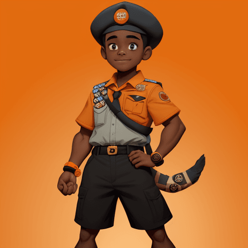 AI generated: a young boy scout, muscular, black, disney, comic, cartoony, orange gradient background, 
with a tin...