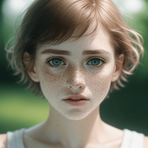 AI generated: Detailed and realistic portrait of a woman with freckles, round eyes and short messy hair shot outsi...