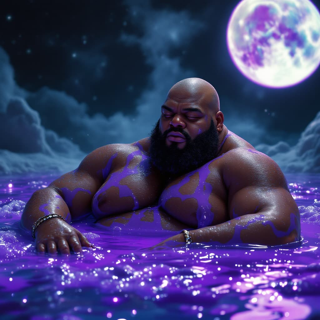 AI generated: dave blunts a big very very fat bald black rapper with no facial hair bathing in 1000 cups of purple...