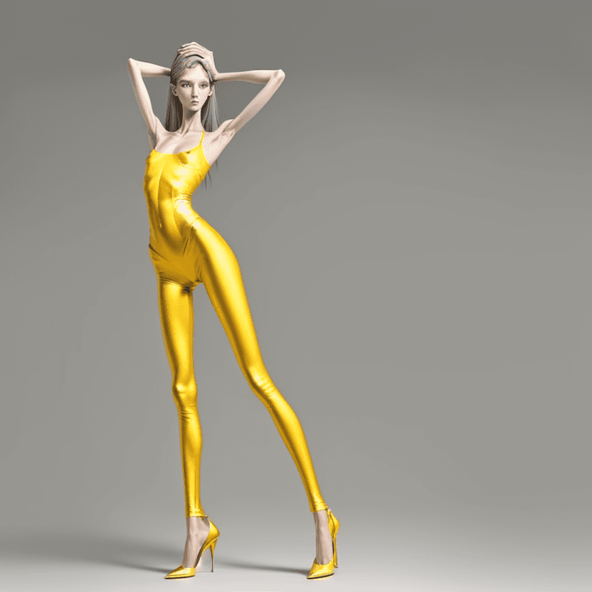 AI generated: photo of an extremely skinny, flat-chested model with extreme long and skinny legs with extreme long...