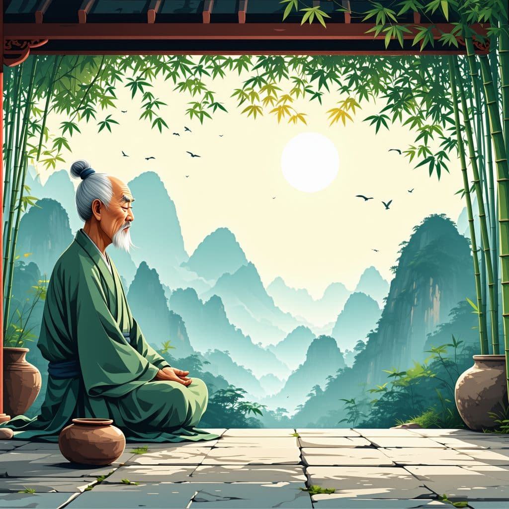 AI generated: A serene Zen temple nestled in the mountains, illustrated in a stylized cartoon aesthetic. The wise,...