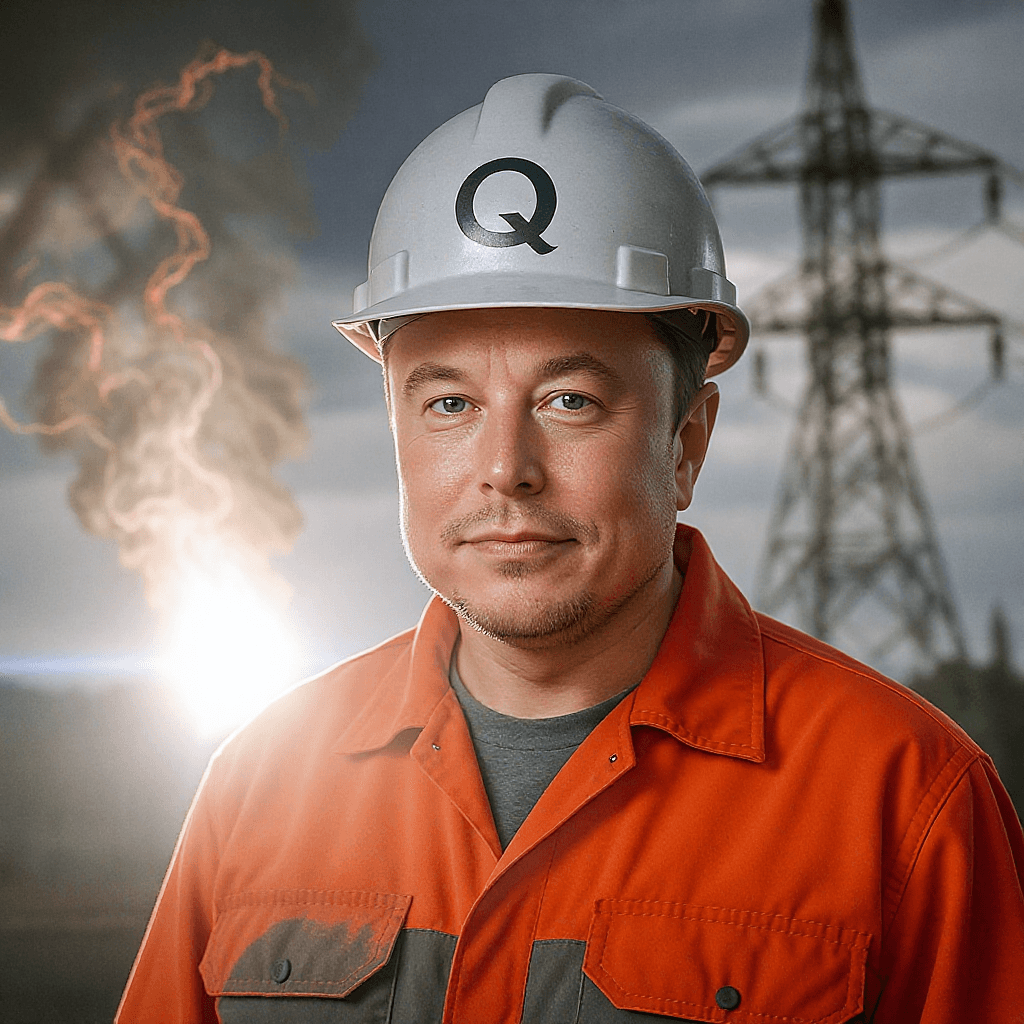 AI generated: A picture of Élon Musk wearing an orange construction suit a White construction helmet with the Lett...