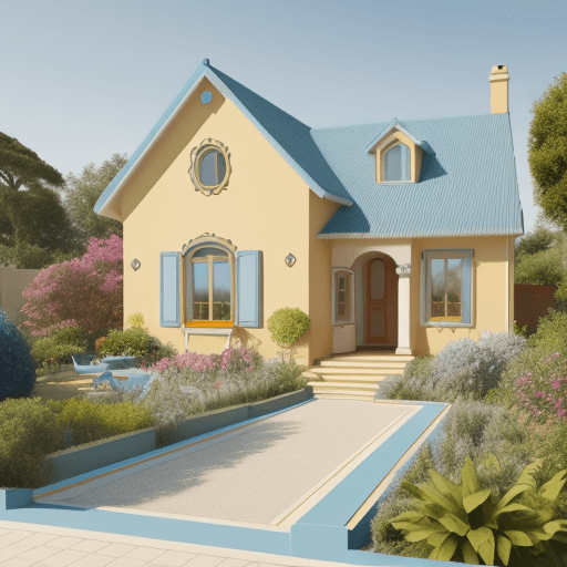 AI generated: House in ar-deco style in skyblue and golden colours  whit cute garden on the sea coast 