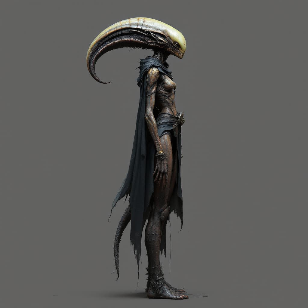 AI generated: female alien, side view, entire body, realism, gritty --chaos 75 --ar 17:32 --profile yruxpc2 --styl...