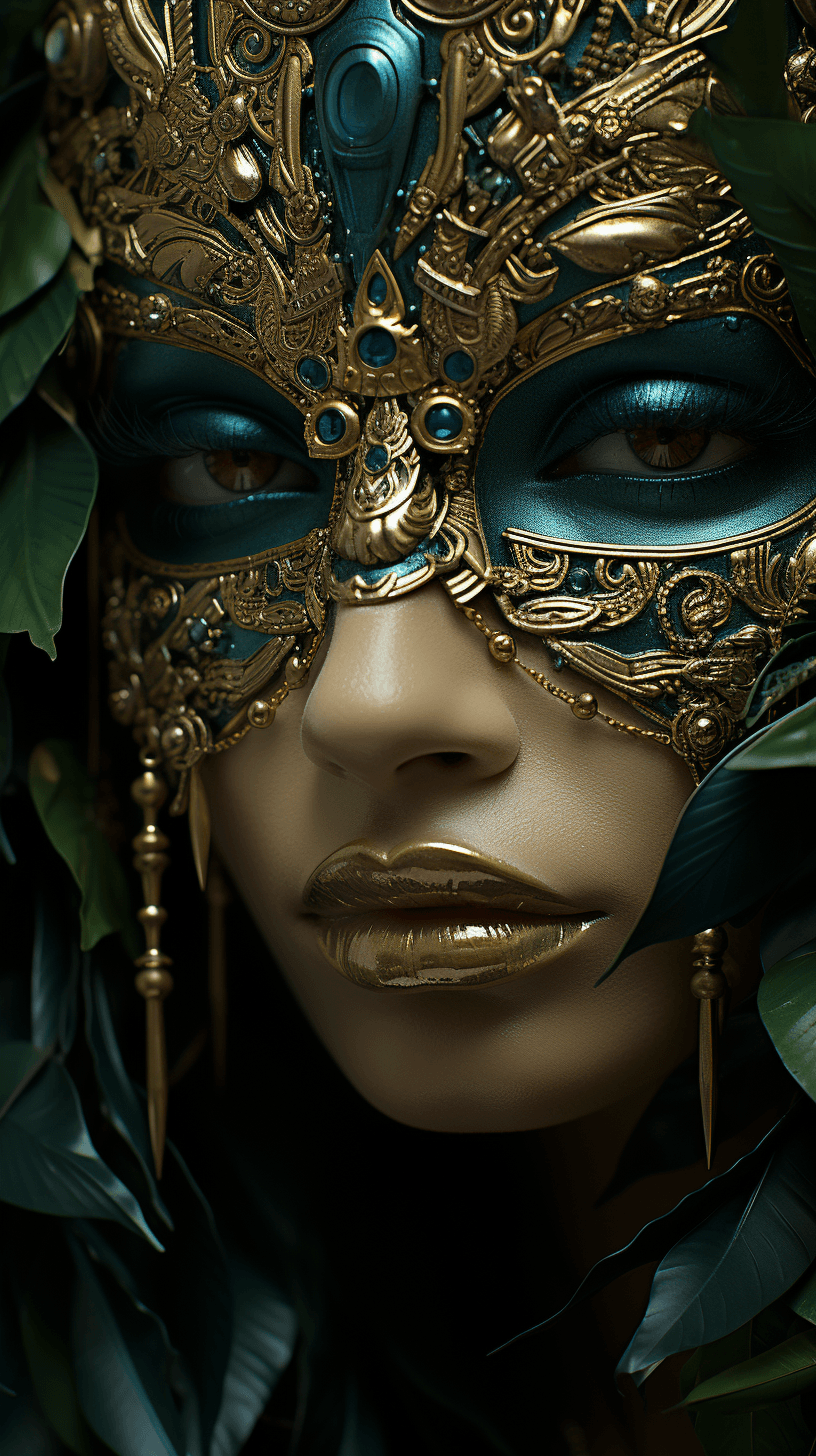 AI generated: a woman with green leaves covering her face, in the style of realism with fantasy elements, daz3d, l...
