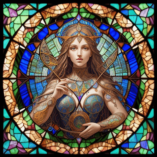 AI generated: stained glass art of goddess, mosaic-stained glass art, stained-glass illustration, close up, portra...