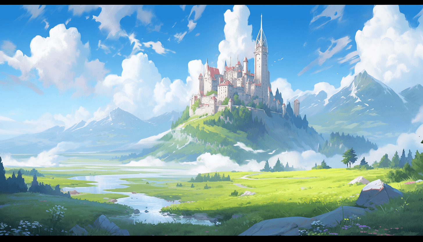 AI generated: in the style of WLOP, a valley, forests, mountains, castle ruins, medieval, fantasy, masterpiece, co...