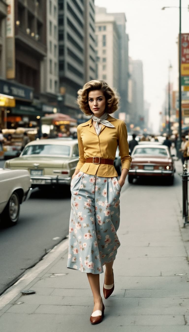 AI generated:  A woman walking down the sidewalk in a bustling Tehran street during the 1970s, dressed in a classi...
