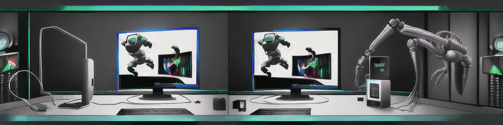 AI generated: robot coming out of the monitor and holding videocard in right hand and cpu in left hand