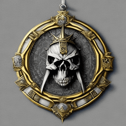 AI generated: Photo of a medallion from warhammer fantasy, with the ice queen skull with the ukranian trizubets at...