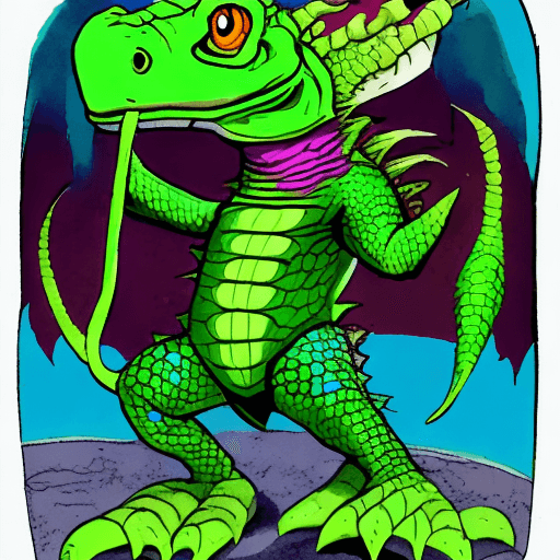 AI generated: full body mage of a reptilian hostile creature in a 1980s sunday morning cartoon style