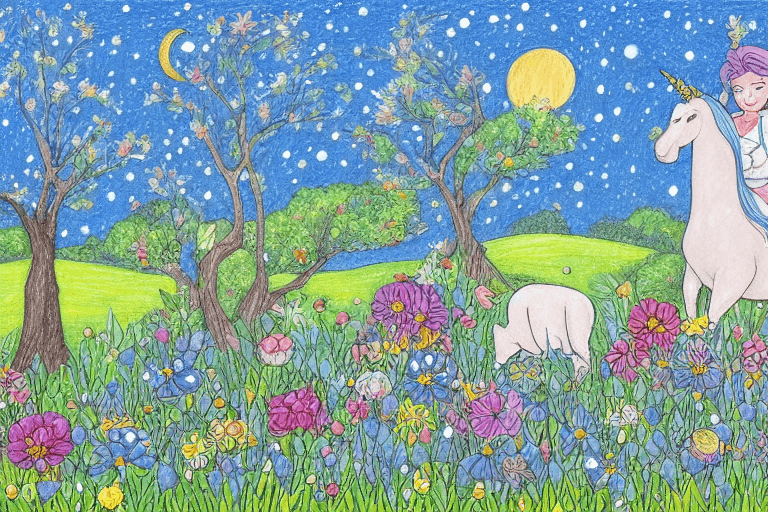 AI generated: I invite you to draw a beautiful landscape full of trees and flowers, where two unicorns, Moon and S...