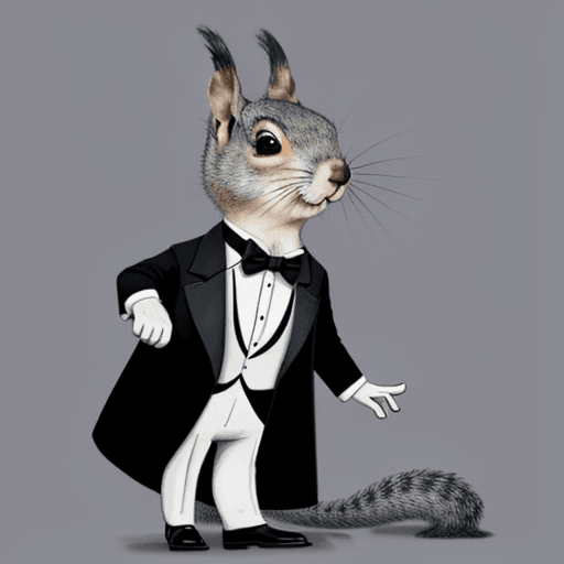AI generated: Cartoon gray squirrel waring a top hate and a monocle and a tuxedo