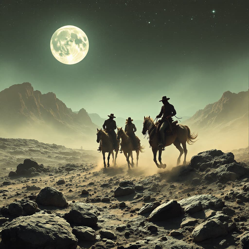 AI generated: cowboys riding horses on the lunar surface