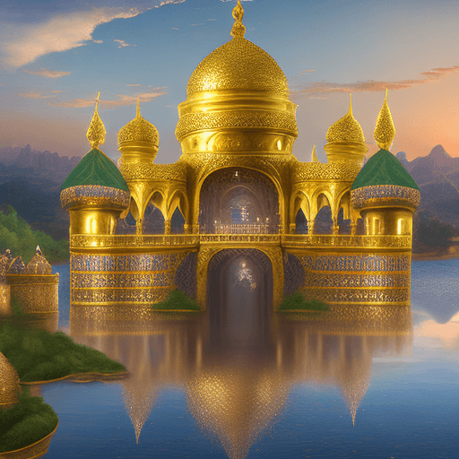 AI generated: An opulent Aladdin-inspired castle with majestic golden domes, intricate patterns, and tall minarets...