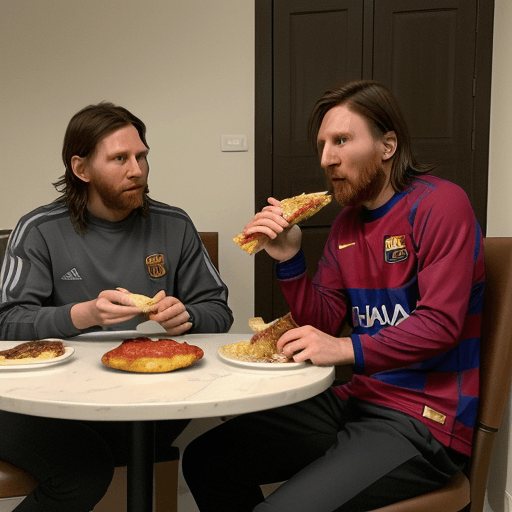 AI generated: Photo of a ultra realistic Javier Milei and Lionel Messi having a meal.