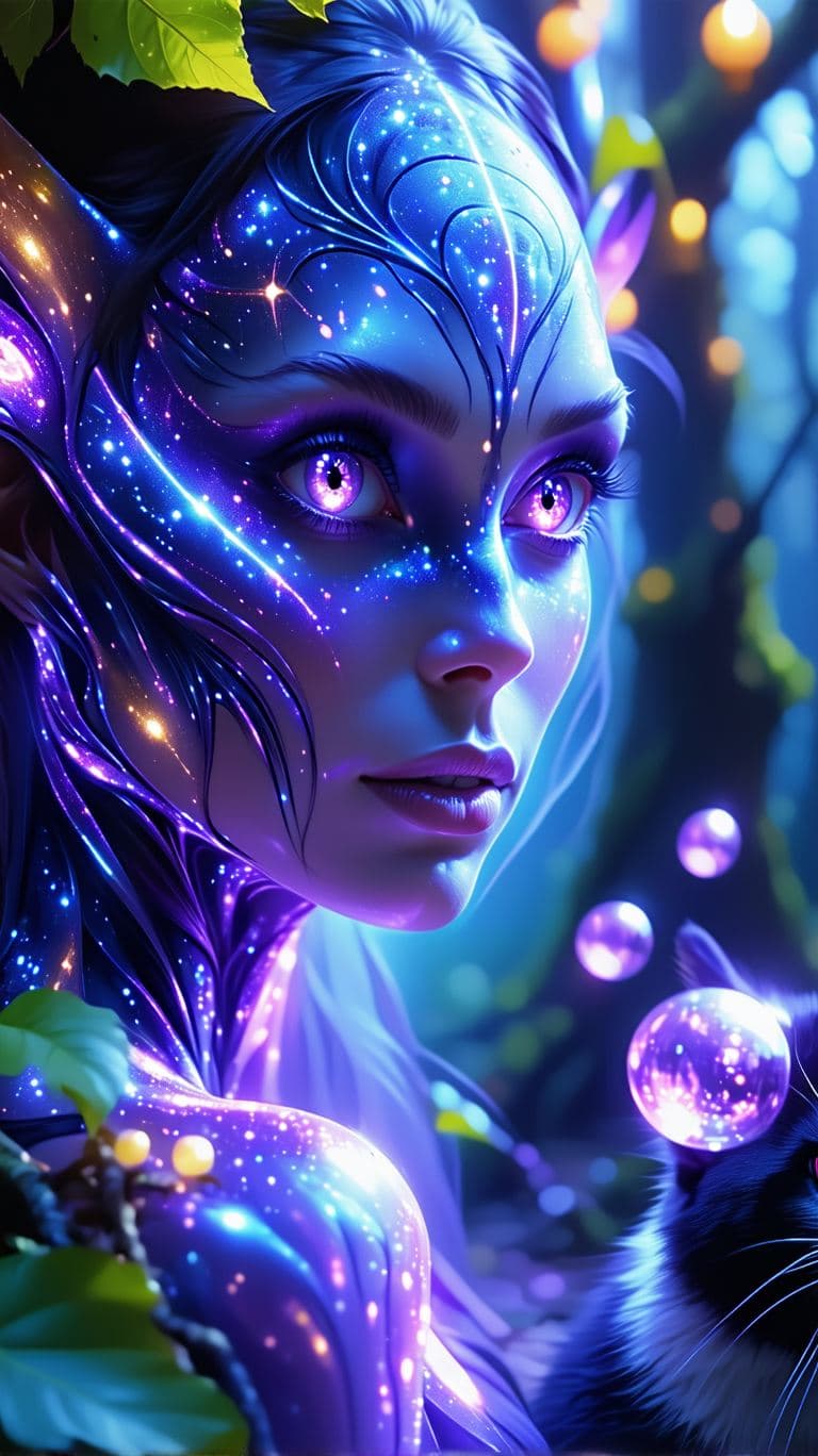 AI generated: Surreal 4k painting of a beautiful alien princess with expressive lilac eyes and cosmic features. He...