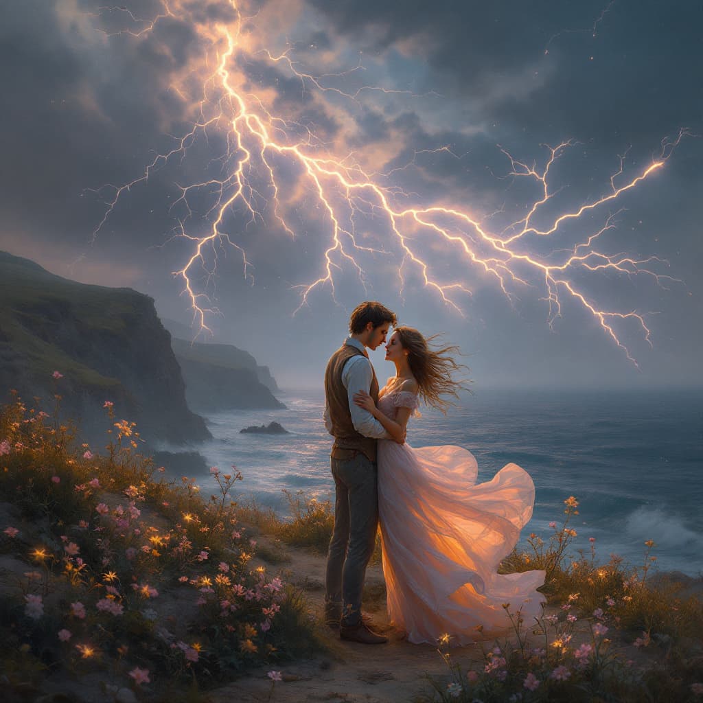 AI generated: Two lovers embrace on a windswept cliffside under a stormy sky alight with whimsical lightning — sof...