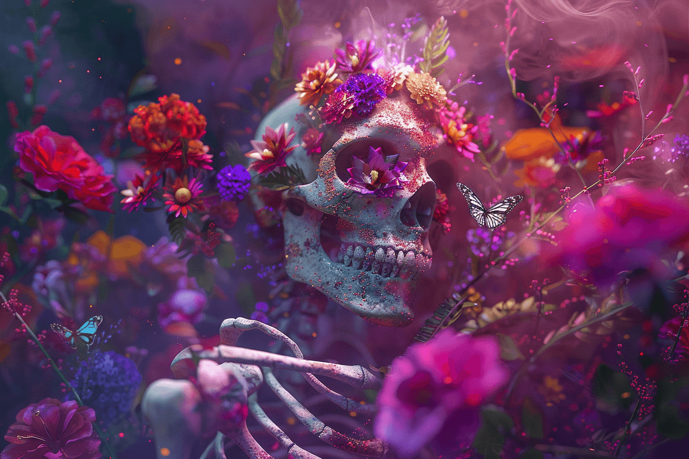 AI generated: colorful flowers, dmt style, 3d render, Skeleton in 'Fluid Fragments', morphing seamlessly between a...