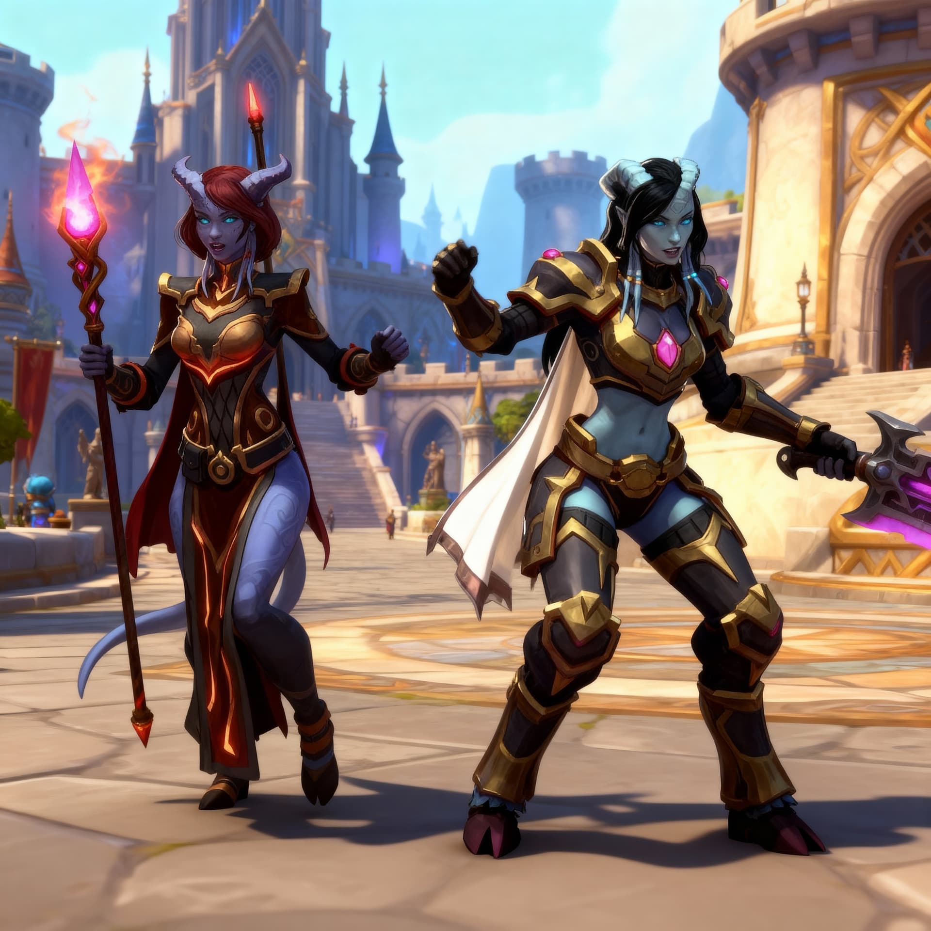 AI generated: two draenei females(mage)(paladin),wow,world of warcraft videogame universe,stormwind.