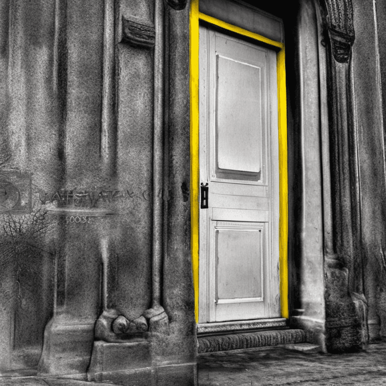 AI generated: a yellow door in a colorless globe. surreal. color splash art with the door.