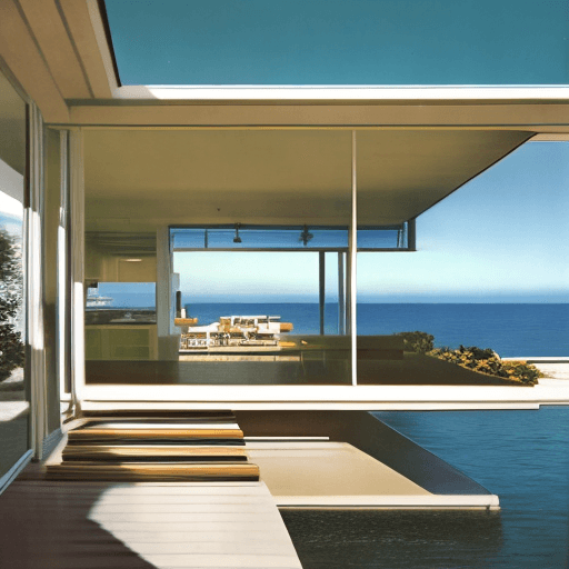 AI generated: Hyper realistic eye level exterior photo of a mid century modern style house overlooking the ocean, ...