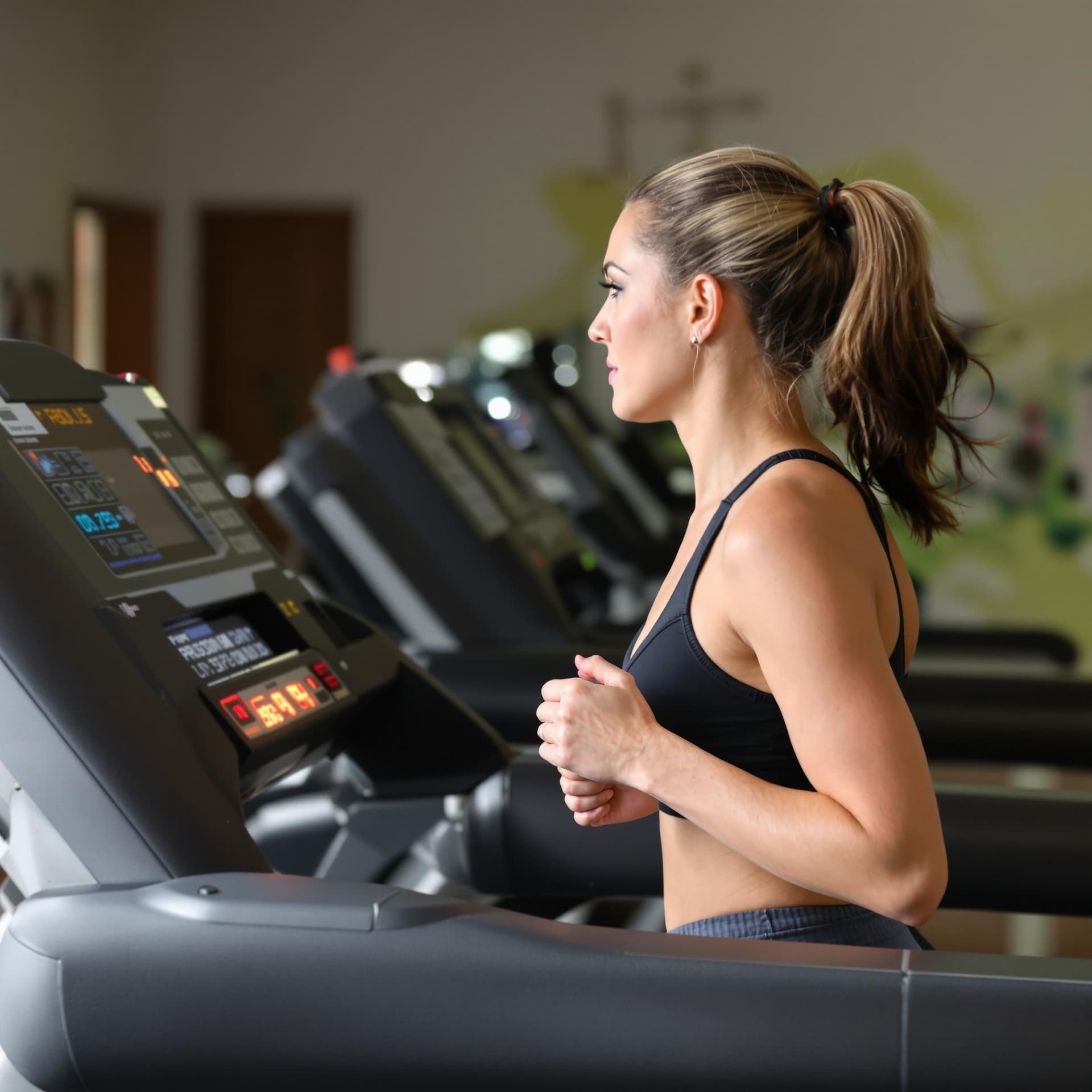 AI generated: a woman is running on a treadmill. She is wearing a black sports bra and her hair is pulled back in ...