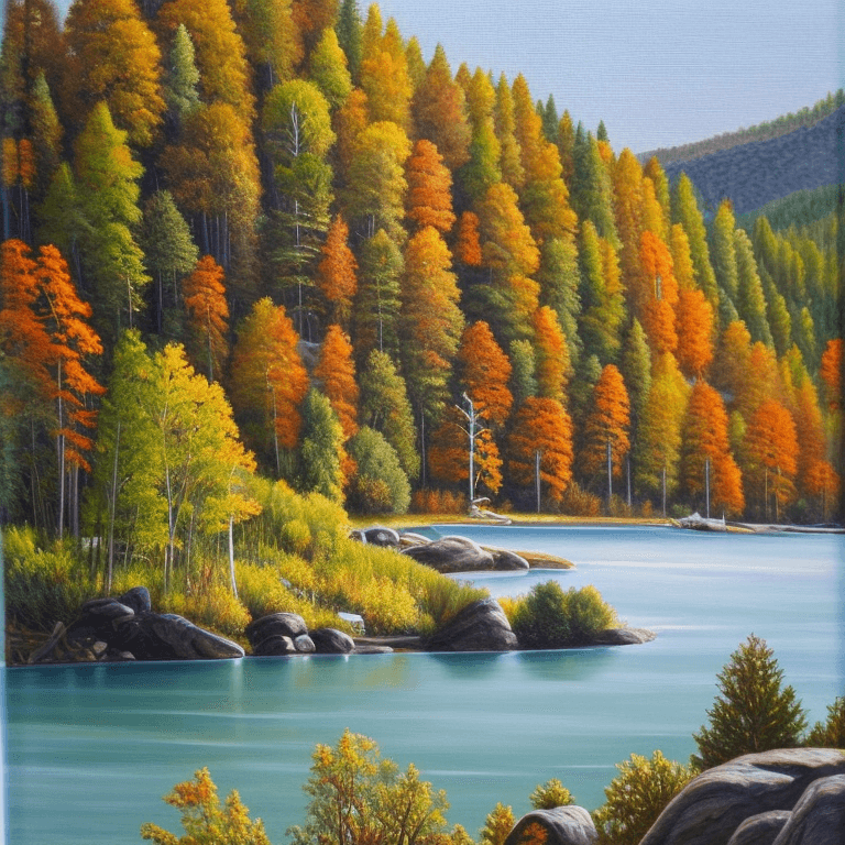 AI generated: photorealistic oil on canvas, 
 trees, river, hill
beautiful setting, fall,
Foreground,
unreal engin...