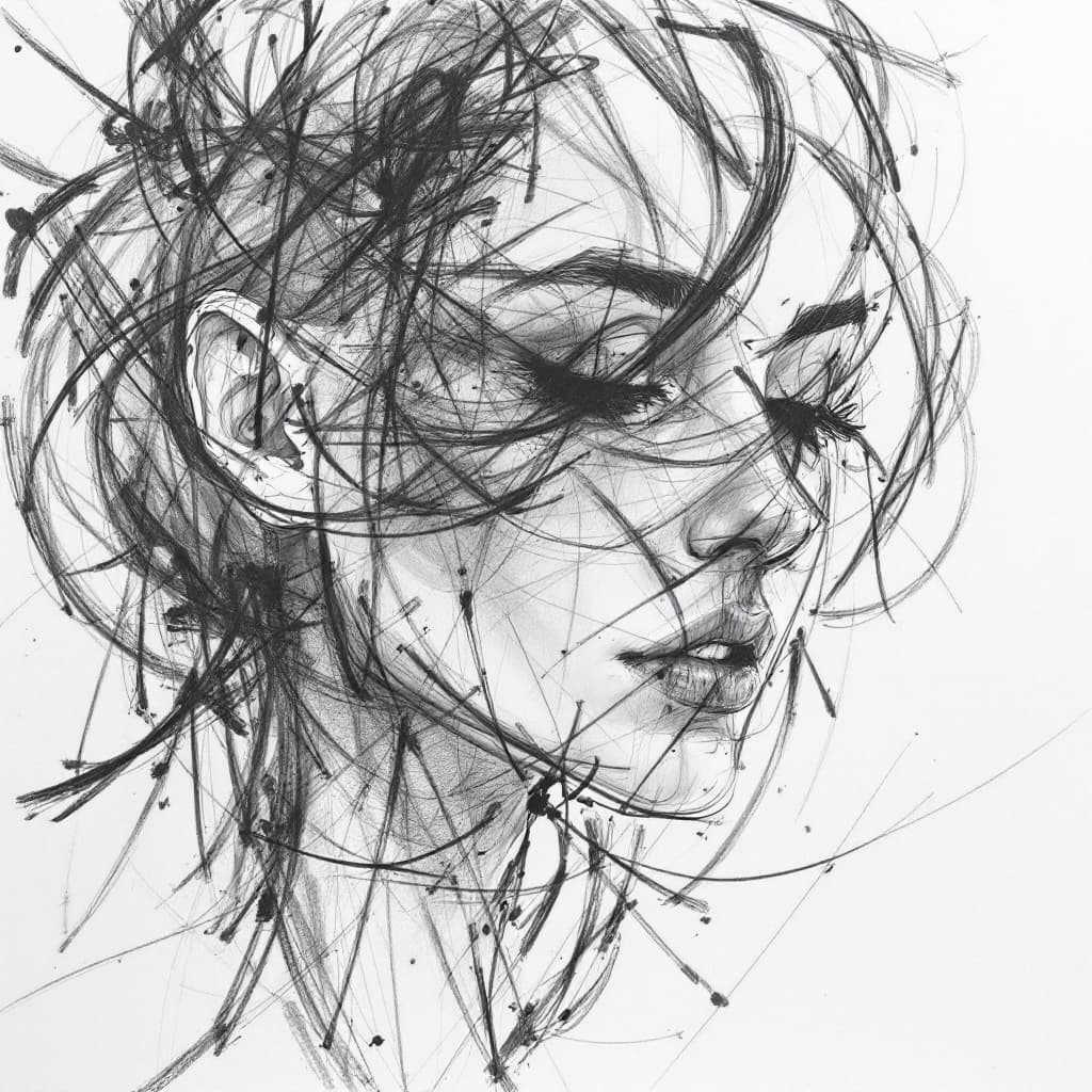 AI generated: woman, pencil drawing, smudges, chaos