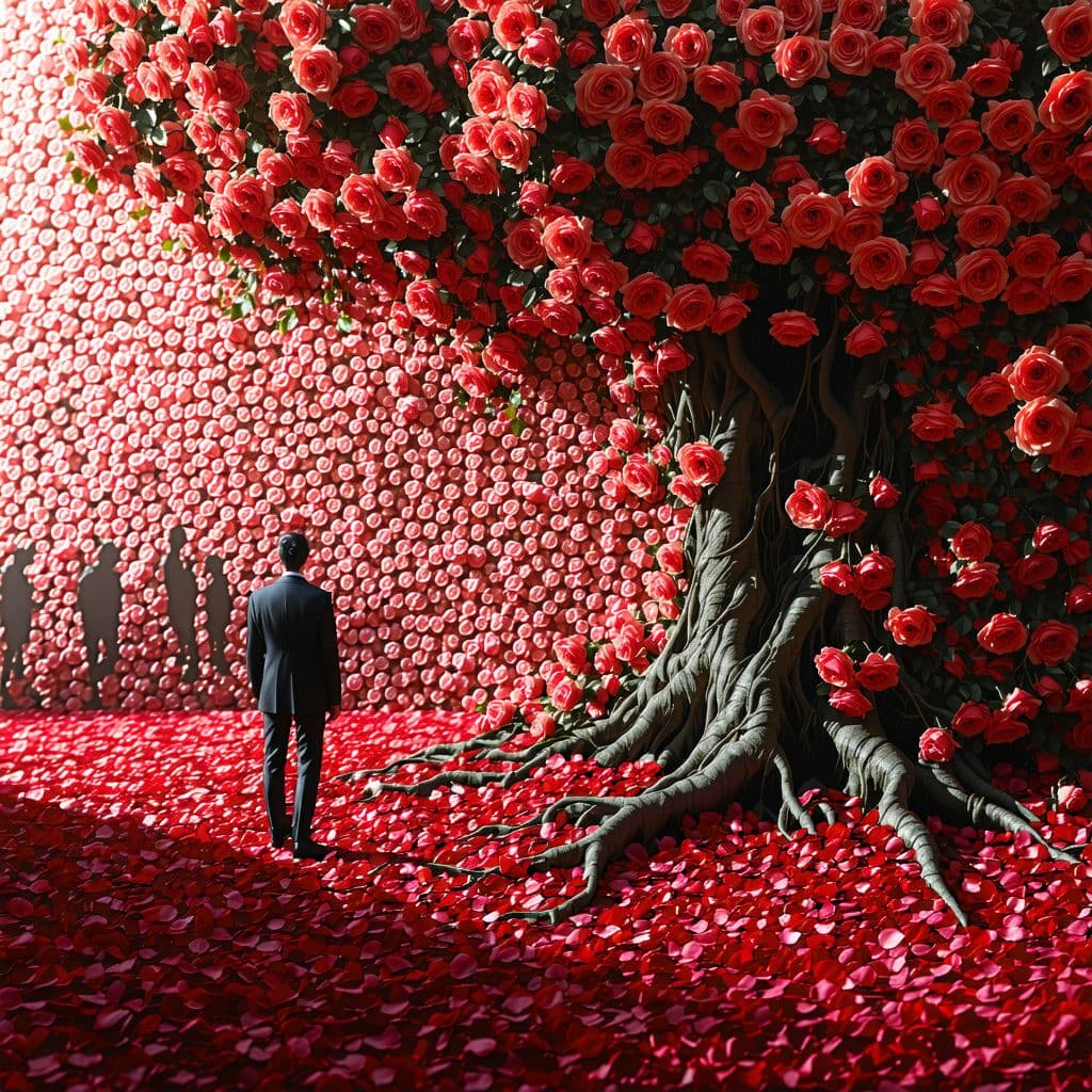 AI generated: A red rose shines in front of an immense rose bush that creates a surreal wall of roses of the most ...