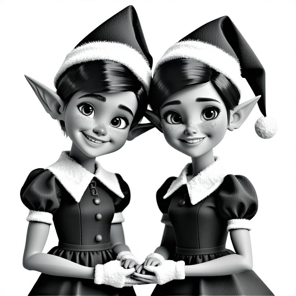 AI generated: Create an image of two young,gleeful  Christmas elfs that have human facial features, one male and t...