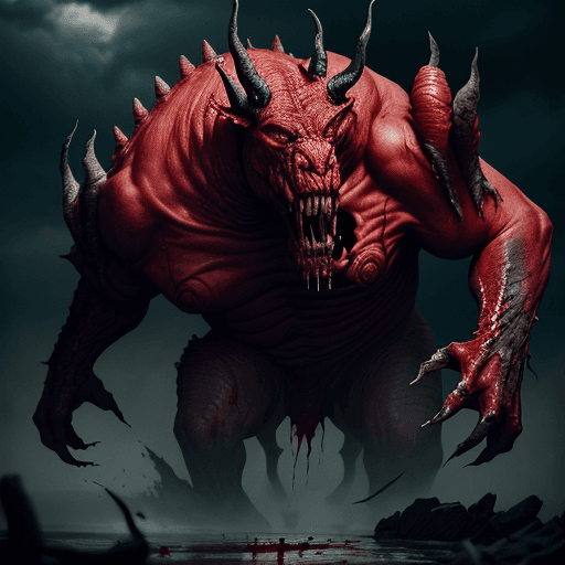 AI generated:  high quality foto of a disfigured bloody dangerous enormous beast without eyes, long fingers and br...