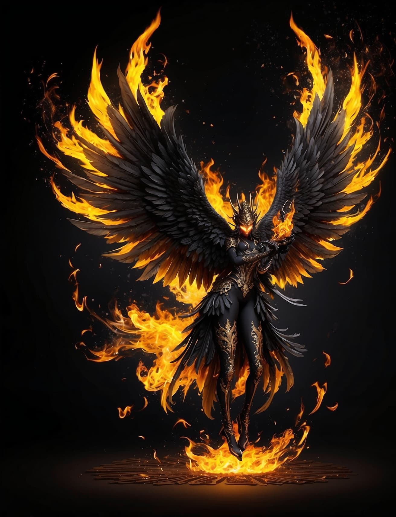 AI generated: Black and gold armor burning big flames Lord Fenix with Burning wings facing the camera Avatar