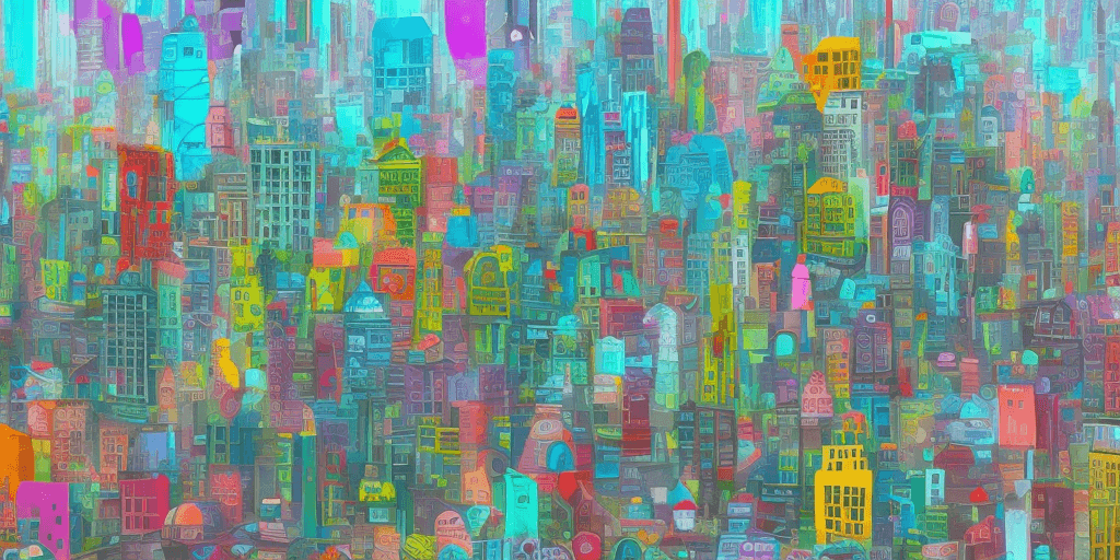 AI generated: Colorful and happy future city cyperpunk buildings view through a magnifying glass. Small elfs flyin...