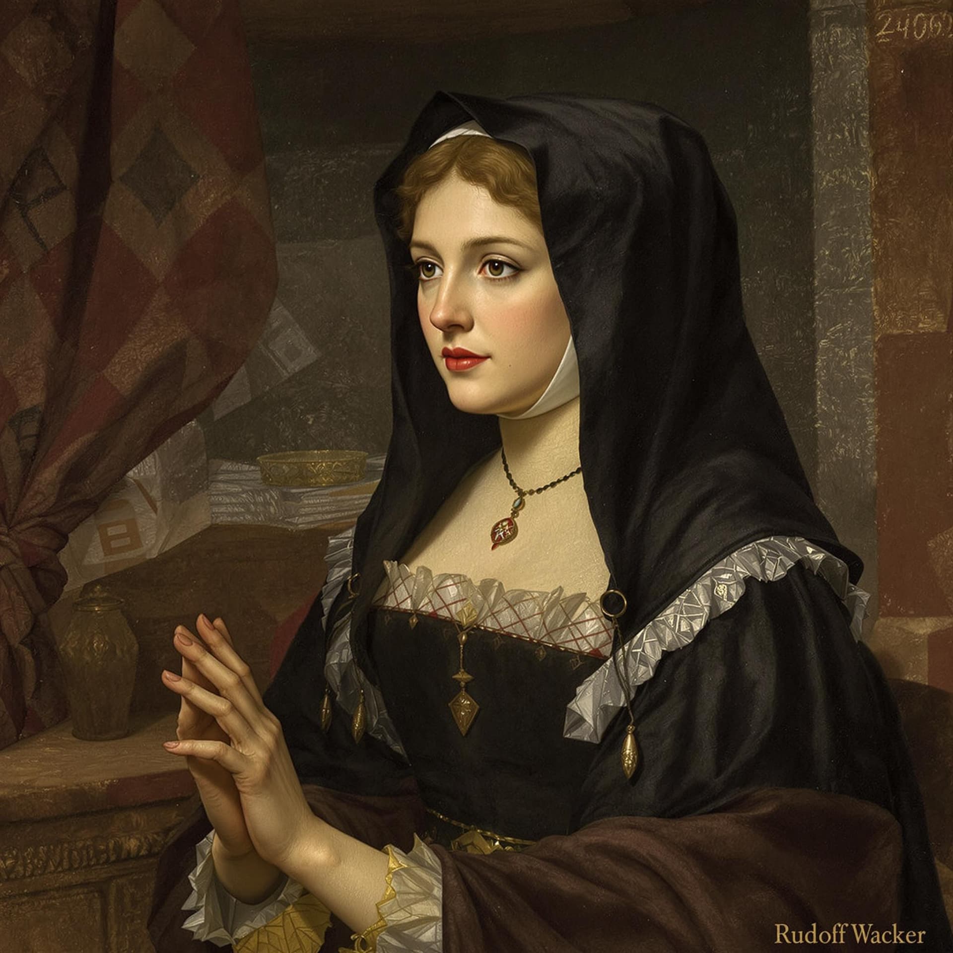AI generated: imagine prompt: medieval handmaiden, portrait, art style by Rudolf Wacker, -v 6.1 --stylize 700 --as...