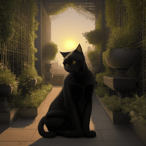 AI generated: A big black cat watching the hanging gardens in babylon. No people. Lots of vegetation. The sun is g...