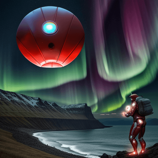 AI generated: pennywise fighting with ironman on a mountain with sea and northern lights background
