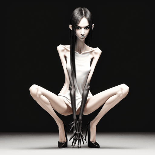 AI generated: very skinny slender girl, with long curved claws, with skinny legs and long skinny calves in high he...