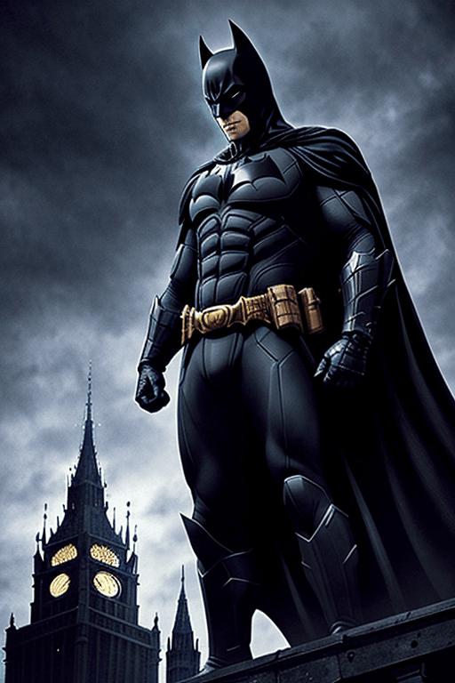 AI generated: an epic art of batman (dark knight) perched atop a Gothic building, silhouetted against a dramatic n...