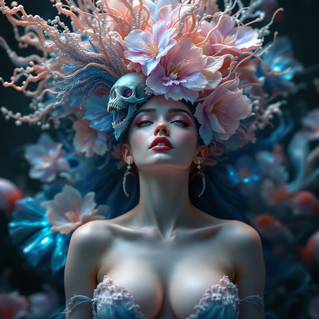 AI generated: Goddess portrait, jellyfish phoenix head, nautilus, orchid, skull, betta fish, bioluminiscent creatu...
