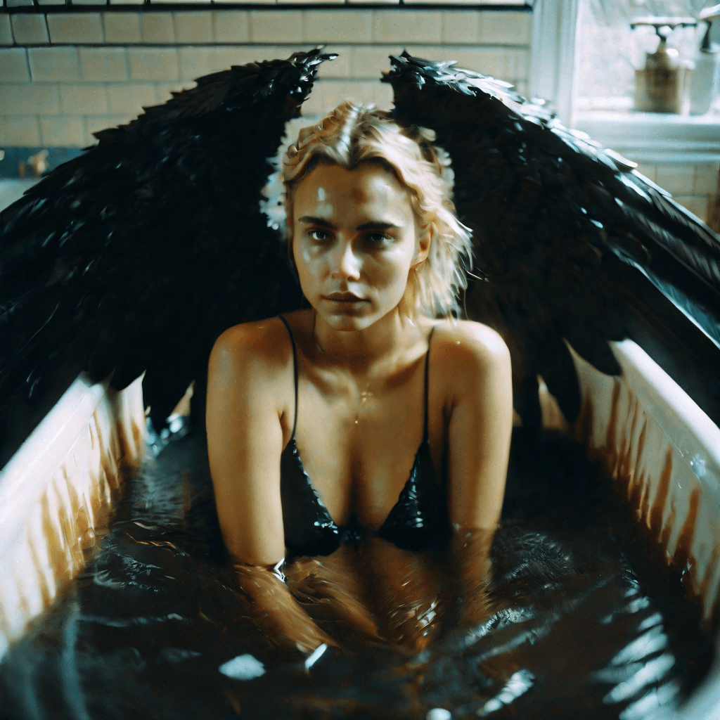 AI generated: a very sad beautiful angel, big wings, perfect beautiful face, high detailed eyes, shot on Fujifilm ...