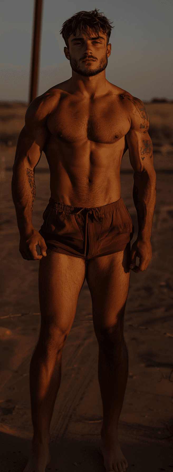 AI generated: head to toe shot, show legs, perfect eyes, a young man flexing his biceps, head to toe shot, showing...