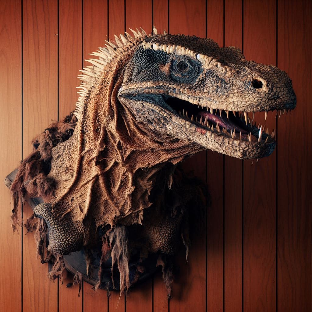AI generated: detailed and intricate photograph of a bad taxidermy Komodo dragon head, tattered, mounted on a 1950...